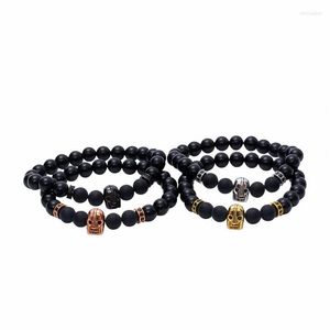 Strand 1PCS-10PCS Bracciali da uomo Gioielli punk Teschio in metallo Scheletro Nome Fascino Nero 8mm Opaco Perline naturali Regalo