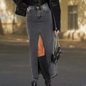 Skirts Front Slit Long Denim Skirt Distressed Women High Waist Jean Slim Fit with Pockets Sexy Solid Color Streetwear Suit 231123