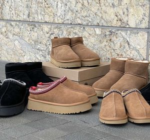 Tasman Slippers Tazz Chestnut Fur Slides ugglie-07 Shearling Classic Ultra Mini Platform Boot Winter Mules Women Men Slip-on Shoes Suede Upper Wool Fall