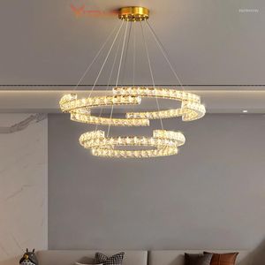 Chandeliers Modern Ring Crystal Chandelier Lamp Dimmable Round Gold Chrome Luxury LED Hanging Lighting Fixture Living Room Dining Lights
