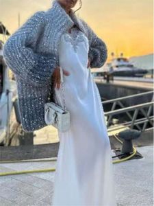 الخريف أنيقة الترتر التدريجي سترة أزياء Lurex Long Sleeve Zipper Knit Cardigan السببية في الشارع الإناث الخارجية