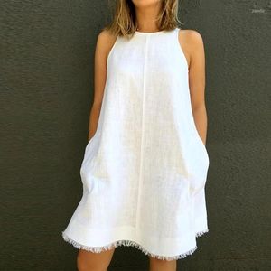 Casual Dresses Summer Loose Cotton Linen Dress Simple O Neck Sleeveless Beach Mini Fashion Tassel Pockets Women Party Short