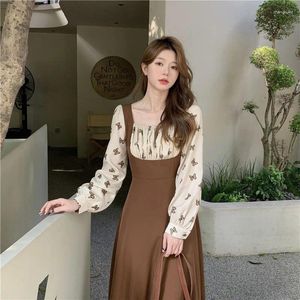 Casual Dresses Deeptown Vintage Brown Midi One Piece Dress Women Korean Style Floral Long Sleeve Tunic French Corset Vestidos Autumn