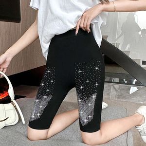 Leggings femininas preto estiramento strass skinny shorts mulheres meninas perfuração joelho-comprimento calças elásticas magro yoga atacado