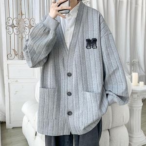 Men's Sweaters Japanese Men's V-Neck Autumn Winter Letter Graphic Unisex Knitted Cardigans College Oversized Casual Sweater