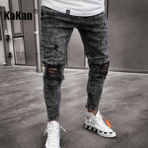 Jeans masculinos Kakan - Europeu e americano novo de alta qualidade masculino desgastado pés elásticos jeans preto lavagem jeans apertados K40-L0005 T231123