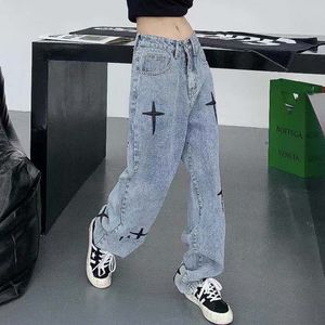 Women's Jeans Streetwear Cross Embroidery Woman High Waist Y2k Straight Baggy Pants Korean Fashion Trend Trousers 230422