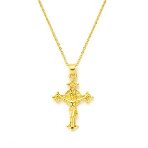 Hänghalsband 9k gult fast guld gf Jesus Crucifix Cross Link Chain Halsband Kvinnor Herrens gåvapendant