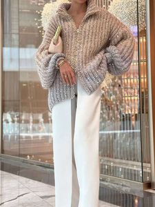 Women Fashion Gradual Sequin Knit Cardigan Elegant Loose Lantern Sleeves Zipper Sweater Autumn Winter Female Knitwear Tops