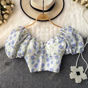 Bluzki damskie słodka elegancka bluzka dla kobiet w dekolcie w stylu dekolt buduj w staniku Bra Bare Midriff Short Puff Sleeve Floral Print BlusA Casual Female Tops