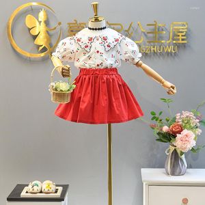 Clothing Sets Pretty Little Girls Set Summer Cherry Embroidery Short Sleeve Bouse&skirt 2 Pieces Fashion Korean Children Outfits