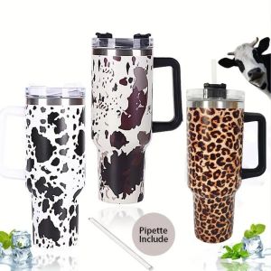 1pc 40oz White Cow Print Insulated Tumbler With Handle And Straw Lid Portable Large Capacity Water Bottle Heat Preservation Mugs 1122