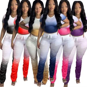 Women Designer Tracksuits Casual Two Piece Set Gradient Color Short Sleeve Pleated Split Micro Horn Long Pants Suits Plus Size 3xl