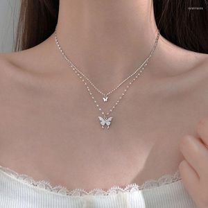 Kedjor 925 Sterling Silver Shiny CZ Butterfly Necklace Ladies Exquisite Double Layer clavicle chain smycken för gåva