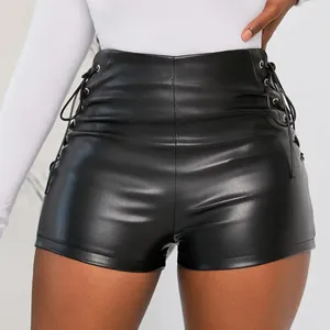 Women's Shorts Women Sexy Stretchy Faux Leather Slim Fit Side Lace-up High Waist Hip Wrapped Stage Show Skinny Short Pants Street