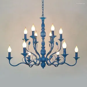 Ljuskronor Art Decor Metal Blue Chandelier Lamp Luster Cafe Porch Lighting Entrance Lumeaire Bedroom Wedding Decoration