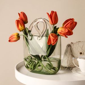 Vases Transparent glass bag vase creative fish tank decoration bubble flower handbag vase desktop center piece home decoration wedding tulip basket 230422