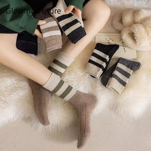 Meias femininas 5 pares outono inverno listrado moda feminina versátil grosso meio tubo meia calor empilhado vintage marrom