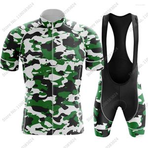 Racing Sets Green Camouflage 2023 Radtrikot Set Sommer Herrenbekleidung Rennrad Shirts Anzug Fahrrad Trägerhose MTB Ropa Maillot