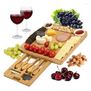 Dinnerware Sets Bamboo Cheese Cutting Board Knife Set Stretchable Deli Platter Drawer Tray Fruit Plate