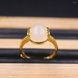 Cluster Rings Real Pure 999 24K Yellow Gold Band Nefrite White Jade Hollow Retice Ring 4.13g