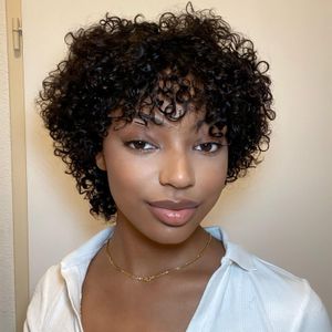 6 Polegada curto pixie encaracolado bob peruca com franja cabelo humano bouncy curl peruca barata para mulher 13x4 hd laço