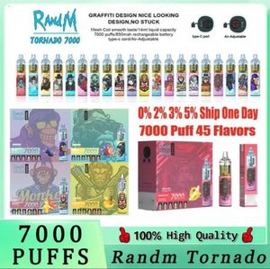 Original RandM Tornado 7000 Puffs Einweg-Vape-Stift, elektronische Zigaretten, 14 ml Pod, Netzspule, wiederaufladbar, luftverstellbar, 2 % 5 % Geräteverdampfer, 50 Geschmacksrichtungen