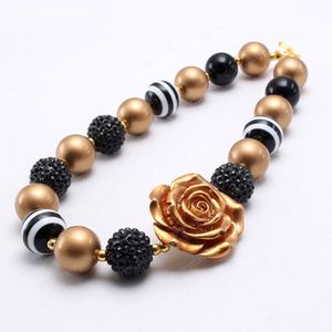 Baby Girls Gold Rose Flower Beads Necklace Handmade Kid Children Chunky Bubble Gum Beaded Necklace Jewelry For Gift