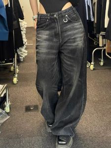 Jeans femininos houzhou vintage preto perna larga mulheres oversized high street moda coreana baggy denim calças grunge y2k feminino hip hop 231123