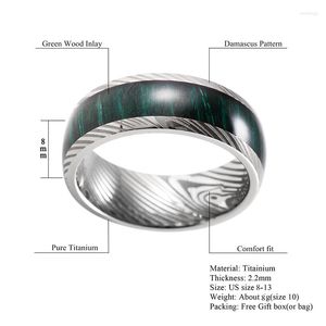 Cluster Rings 8mm Men's Wedding Bands With French Green Wood Inlay Titanium Carved Damascus Jade Ring For Men Women Anniversary