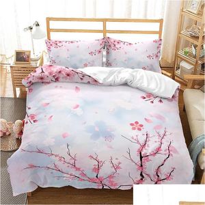 Bedding Sets Bedding Sets Pink Floral Duvet Er Japanese Cherry Blossoms Theme Set Spring Romantic Quilt For Girl Microfiber Bedspread Dhg9J