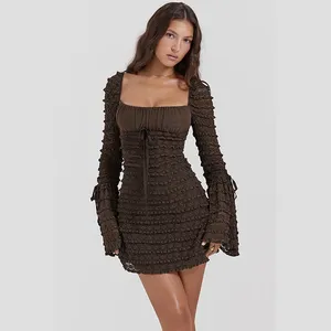 Casual Dresses Zabrina Sexig Lace Mini Autumn Slim Flear Hylsa Vestidos Women Elegant Low Cut Brown Frilly Dress Y2K Party Club