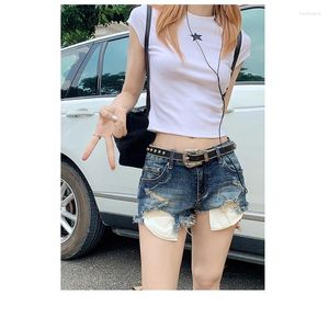 Women's Jeans Summer Shorts High Street Retro Blue Perforated Ragged Fringe Low Waist Slim Wrap Hip A-line Pants