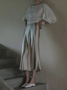 スカートエレガントな女性のスカート韓国ファッションサテンシルクアインラインスカートオフィスブラックシャンパンロングサマースカート女性ファッション231124
