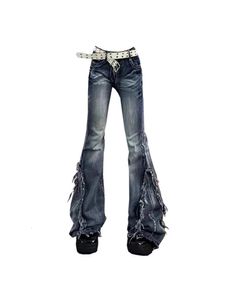 Jeans femininos americanos retro y2k flare jeans arranhado slim bell bottoms mulheres moda gyaru denim calça cru borda calças hip hop high street 231124