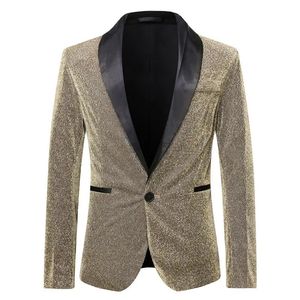 Mens Suits Blazers Erkekler Şal Lapel Blazer İnce Bir Düğmesi Parlak Altın Glitter Suit Ceket DJ Gece Kulübü Singer Giyim Kostüm Homme 231123