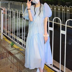 Casual Dresses Short Puff Sleeve Dress Women Blue Preppy Style Summer Fashion A-line High Waist Mujer Ins Temper Solid Mid-calf BF Sweet
