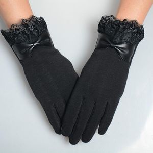 Fünf Finger Handschuhe Mode Touchscreen Warme Spitze Herbst Winter Schwarz Lange Vollfinger Fäustlinge Frauen Schleife Dekorationen Hand 2023