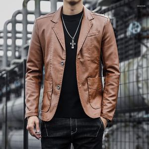 Ternos masculinos Autumn Faux Leather Suit Jackets Men Motocicleta Sólida Manga Longa Blazer Coats Moda Casual Business Pu Outwear Masculino