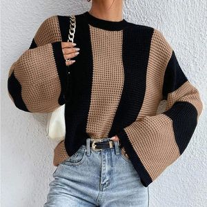 Suéteres femininos 2023 primavera e outono estilo estrangeiro camisola de malha top tripulação listrada design senso de nicho casaco mulher