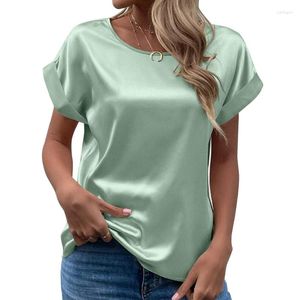 Women's Blouses Casual Round Neck Satin Shirts Fashion 2023 Summer Elegant Office Lady Tops Short Sleeve Women Blouse Loose Clothing 25084