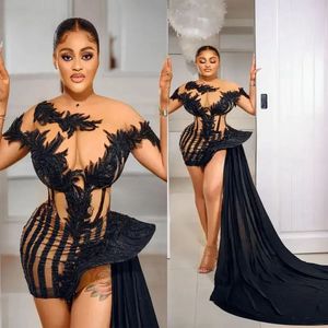 2023 Aso Ebi Short Prom Dresses Short Sleeves with Wrap Evening Birthday Party Second Reception African Arabic Formal Dress African Nigeria Engagement Gowns ST245