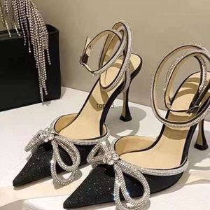 MACH Glitter Strass Scarpe eleganti da donna Décolleté da 9 cm Fiocco di cristallo Sandali estivi da donna in raso Tacchi alti in vera pelle Scarpe da ballo per feste