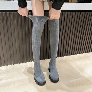 Botas Sexy Slim Sobre o Joelho Stretch Sock Outono Grosso Salto Alto Mulher Longa Anti Slip Platform Shoes Confortável 231123