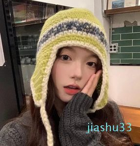Japanese retro color knitted ear cap autumn and winter warm thick multi-function cute explosion-proof hat