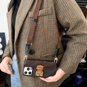 Роскошный чехол для телефона с плечевым ремнем для iPhone 15 14 Plus 13 12 Pro Max 11 Кожаный карман для карт Портативная сумка для хранения Чехол для шнурка через плечо Vogue Flower Lock Designer