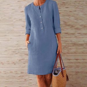 Casual Dresses Women Cotton And Linen Tunic Dress Vintage Straight Soild O-neck Long Sleeve Oversized Mini Shirt Skirt