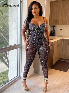 Women's Jumpsuits Rompers Znaiml Luxury Birthday Night Club Party and for Women Sexy Mesh Sheer Colourful Diamonds Overalls 231123