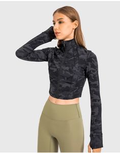 ll Women Zipper Jackets Short Crop Jacket Top Run Sports Finger Hole Long Sleeve Stand-up Collar Yoga DS225