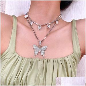 Chokers Crystal Butterfly Choker Naszyjnik 2 Warstwowy Rhinestone Blosły wisiork Naszyjniki Chokers Jewerly Drop dostawa Naszyjnik Dhgp3